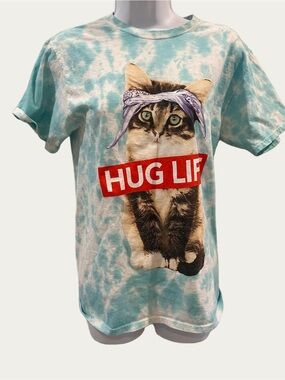 Hug Life Cat Graphic Tee - Tie Dye Blue Small